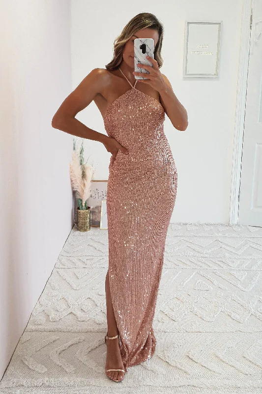 Brayson Halter Neck Sequin Gown | Rose Gold