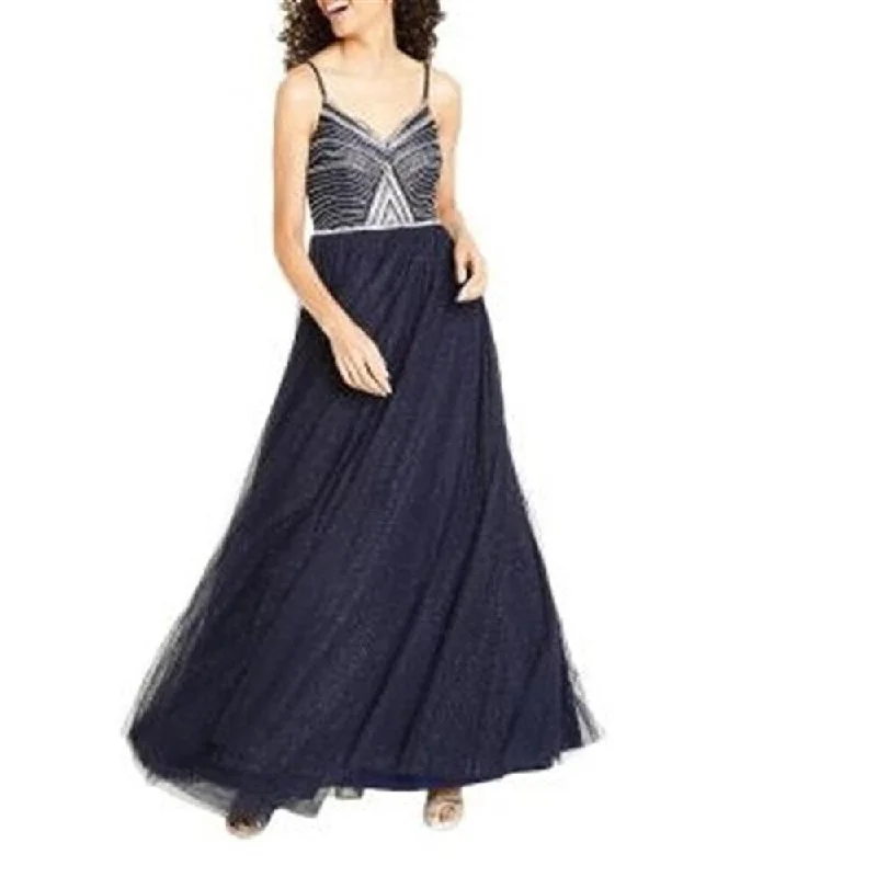 Say Yes to the Prom Women's Glitter Sheer Spaghetti Strap Sweetheart Neckline Full Length Formal Fit Flare Dress Blue Size 1