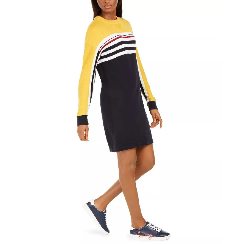 Tommy Hilfiger Women's Blue Long Sleeve Above The Knee Sheath Dress Yellow/Navy Size Small