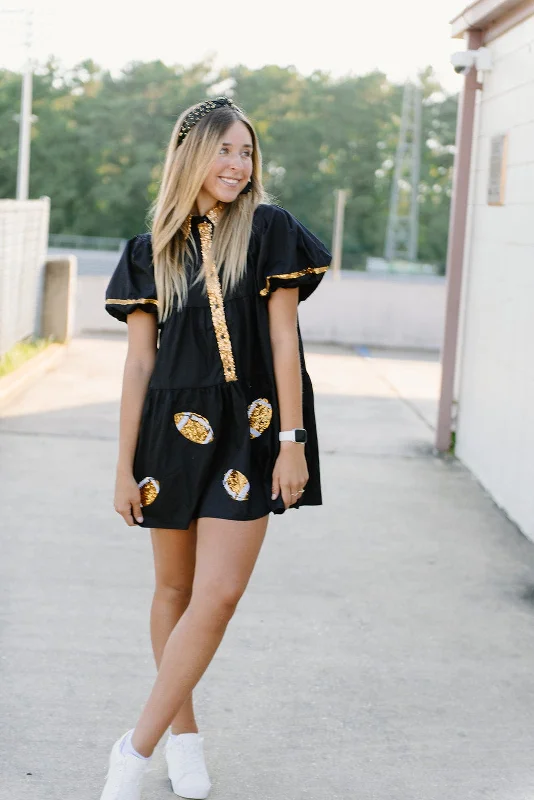 Black & Gold Collared Sequin Football Dress