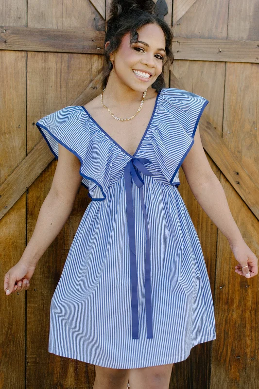 Blue Striped Ruffle Shoulder Dress