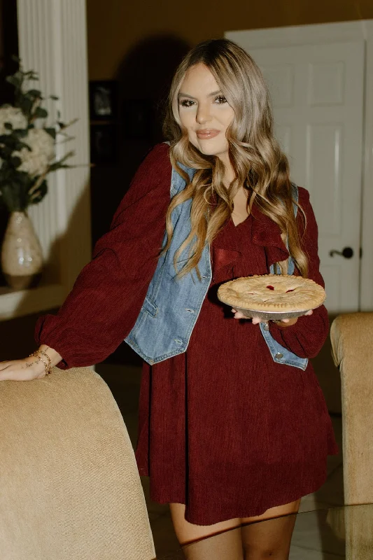 Burgundy Ruffle Detail Corduroy Dress