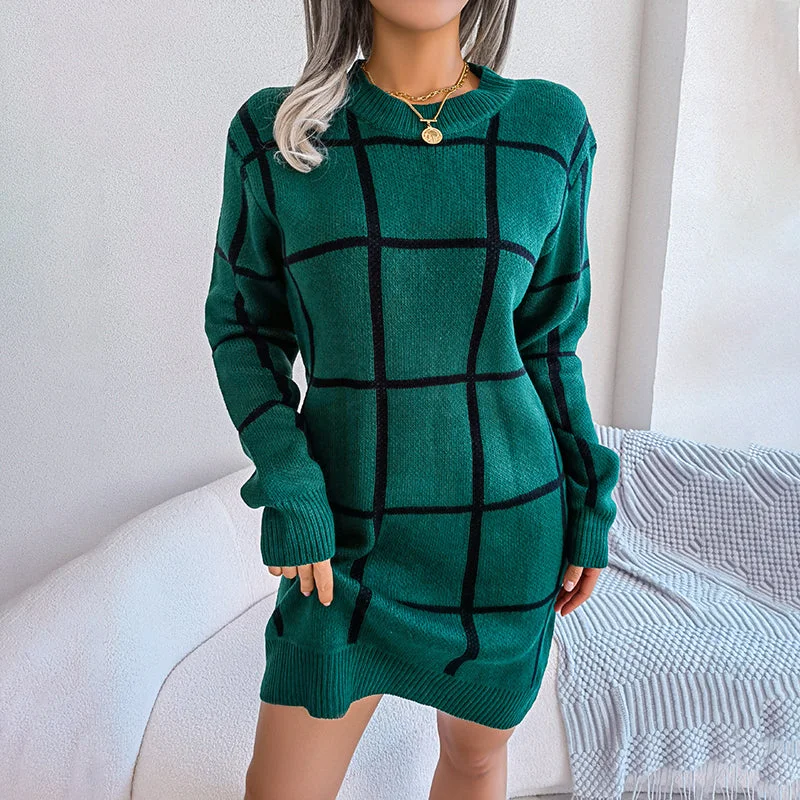 Casual Plaid Knit Dress