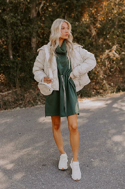 Coffee Shop Cutie Drawstring Mini Dress in Hunter Green