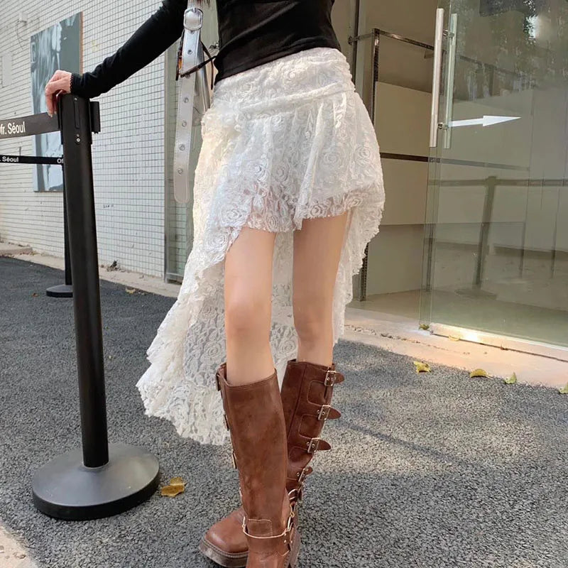 Fashion Lace Double-deck Irregular See Through White Patchwork Mini Dress