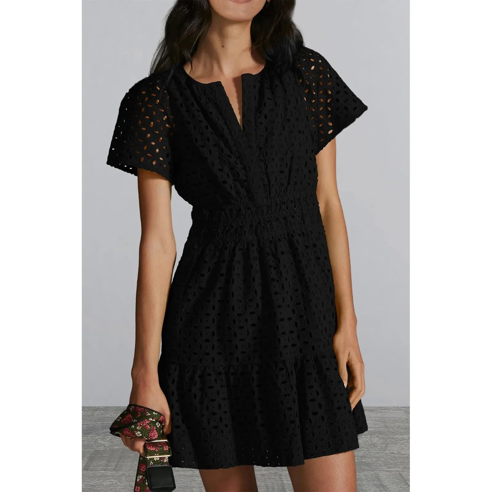 Hollow Out Lace Women Summer 2024 Solid Color V Neck Female Vestidos Black Casual Loose Vacation Beach Mini Dress