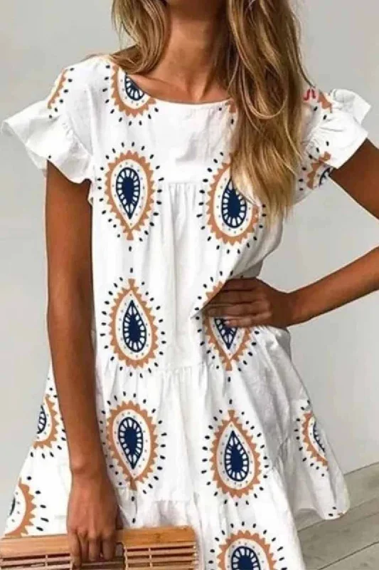 Florcoo Round Neck Print Water Drop Mini Dress