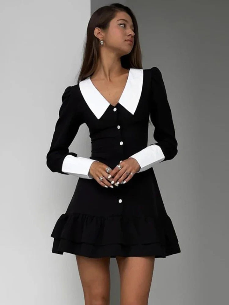 High Waist Retro Splice Long Sleeve Turn Collar Folds Party Mini Dress