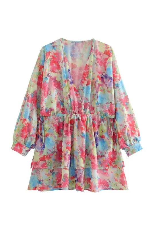 'Odelia' V-Neck Long Sleeve Floral Layer Dress (2 Colors)