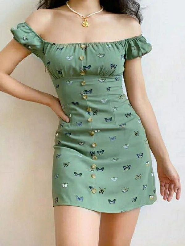 Puff Sleeve Butterfly Mini Dress