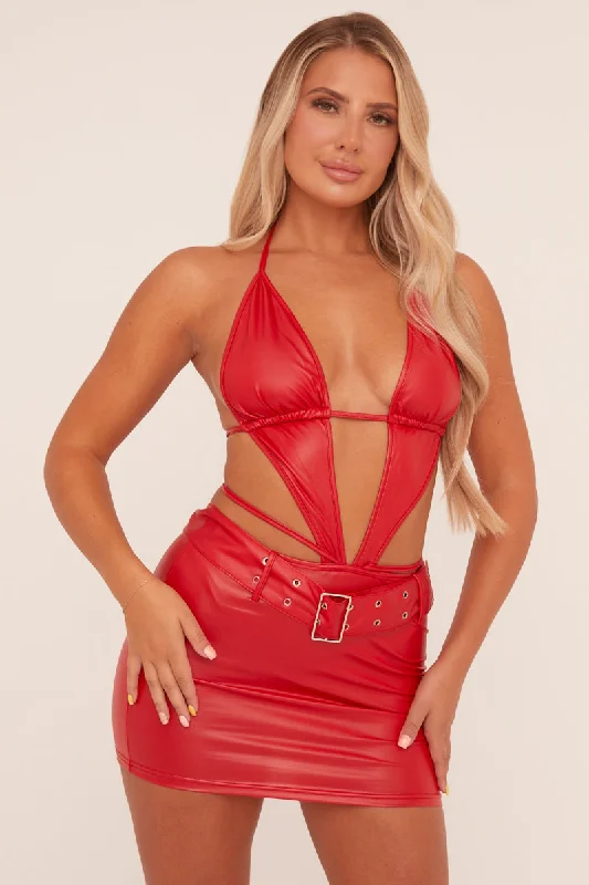 Red Faux Leather Halter Tie Detail Mini Dress - Annalina