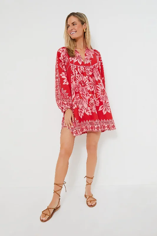 Red Long Sleeve Flora Tapestry Mini Dress