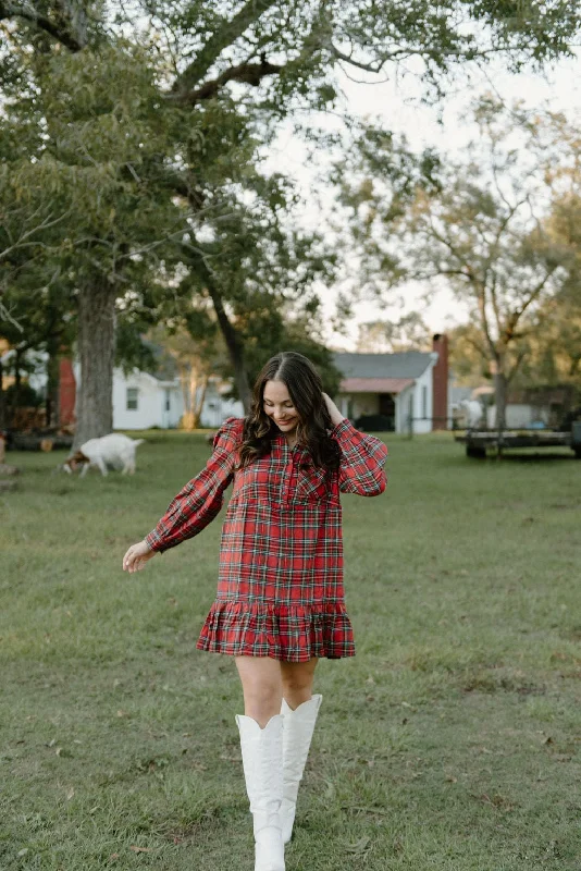 Red Plaid Tiered Shirt Dress