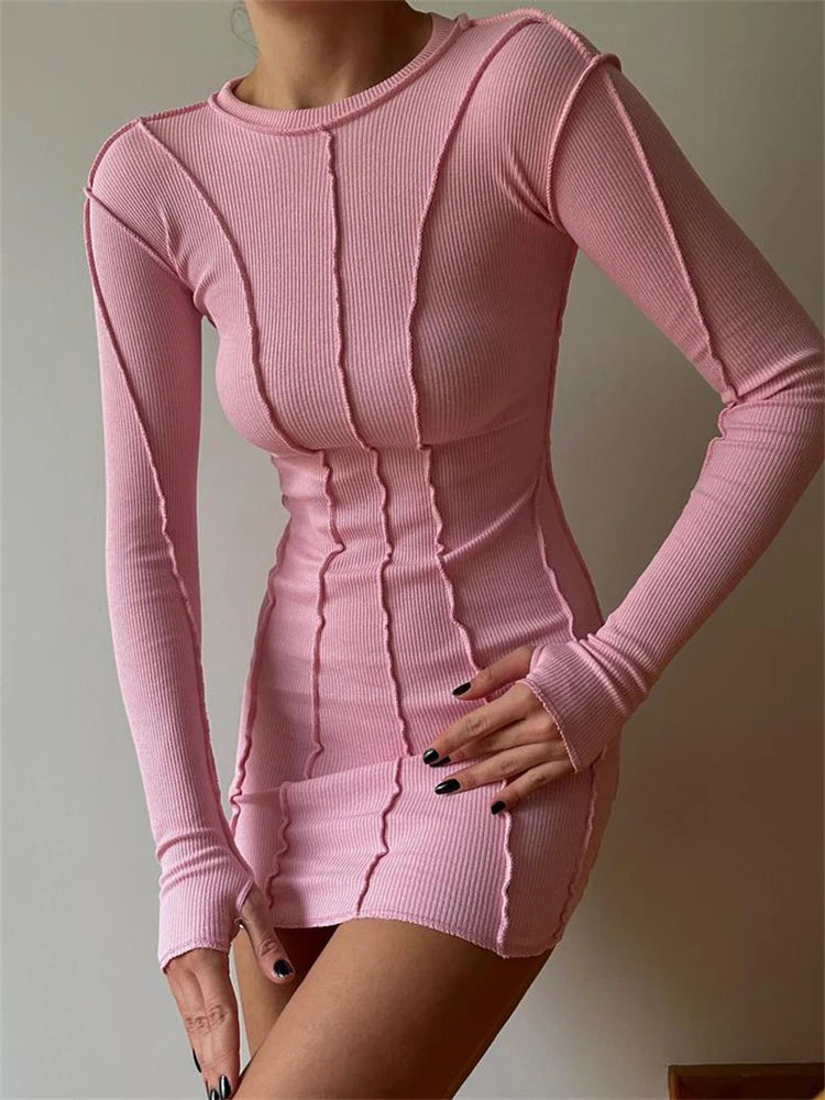 Screw Thread Ribbed Long Sleeve Bodycon Spring Elastic Casual Mini Dress