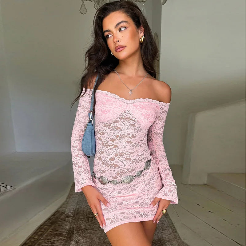 Sexy Off Shoulder See-Through Lace Long Sleeve Slim Splice Evening Mini Dress