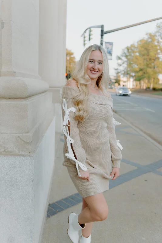 Taupe Bow Sleeve Knit Mini Dress