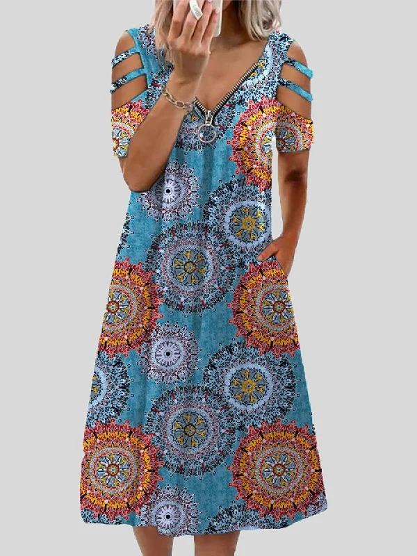 V-neck Printed Zipper Short-sleeved Dress