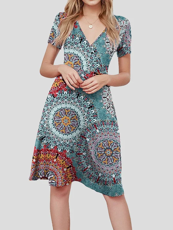 V-neck Short-sleeved Sun Flower Print Dress