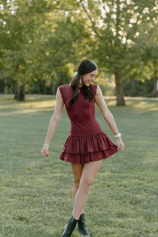 Wine Cap Sleeve Ruffle Mini Dress