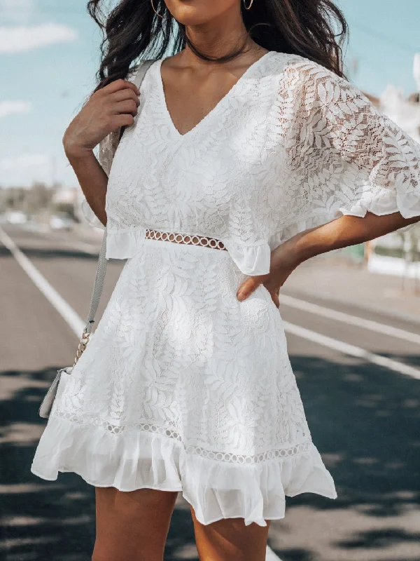 V-Neck Lace Short Sleeve Ruffle Dress