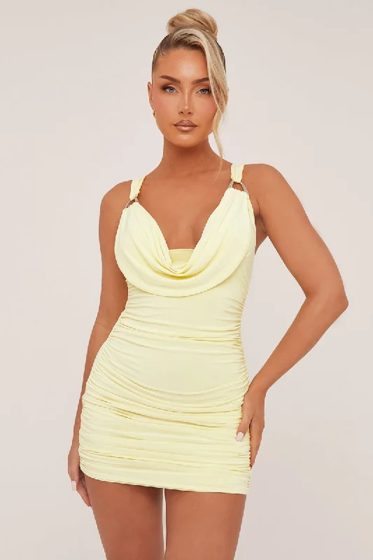 Yellow Cowl Neck Ruched Bodycon Mini Dress - Luca