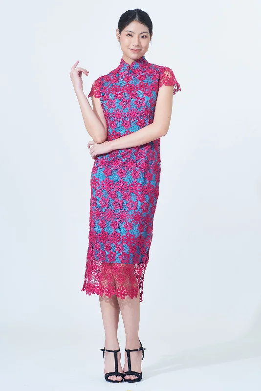 MARTHA Floral Lace Long Cheongsam (Fuchsia/ Aqua)