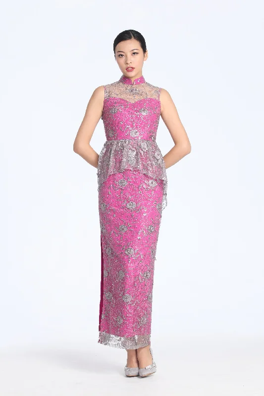 Plum Embroidery On Mesh Fuchsia Lining Peplum Full Length Qipao With Pearl Embellishment