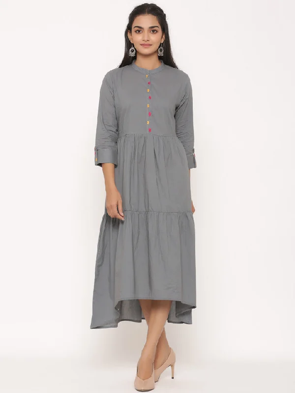 SUTI WOMEN MUL COTTON TIERED FLARED LONG DRESS WITH HAND CRAFT