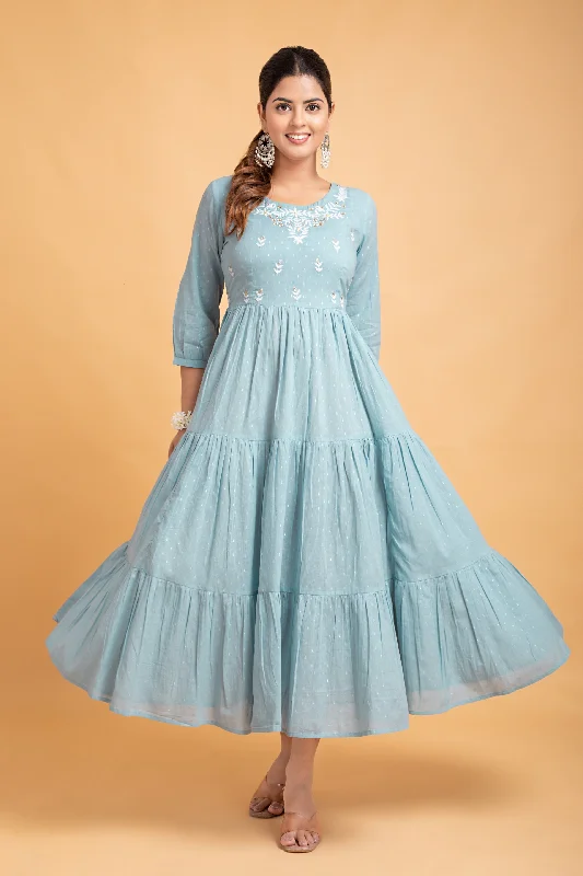 Dream Blue Cotton Dobby Embroidered Dress