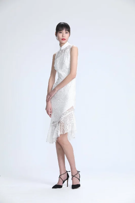 White Lace Sleeveless Asymmetric Mermaid Hem Dress