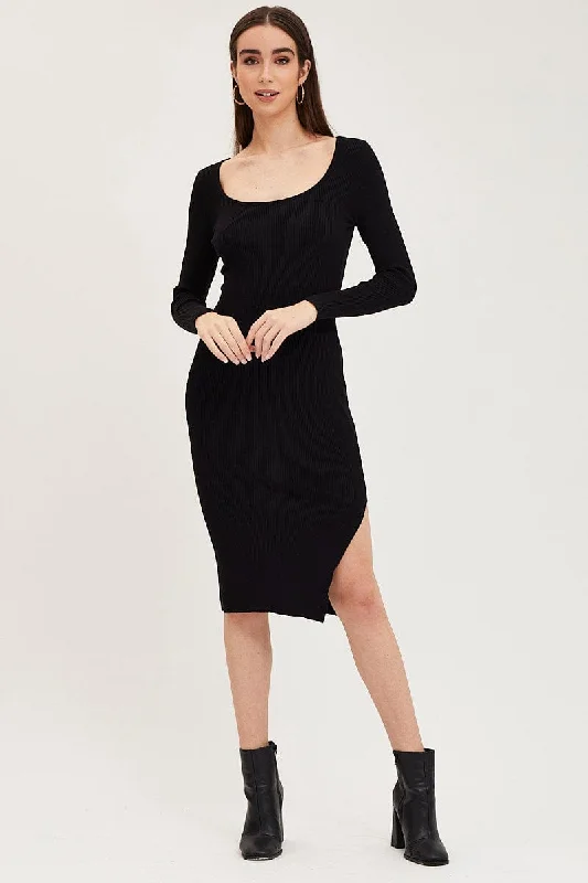 Black Dress Long Sleeve Midi Knit