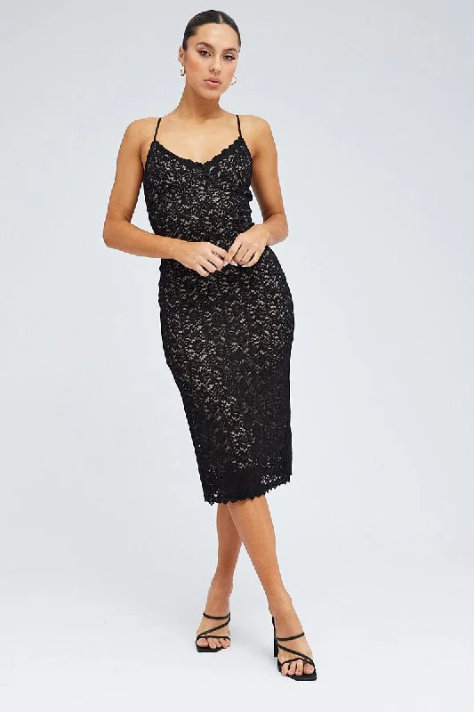 Black Midi Dress Sleeveless V-Neck Bodycon Lace Stretch