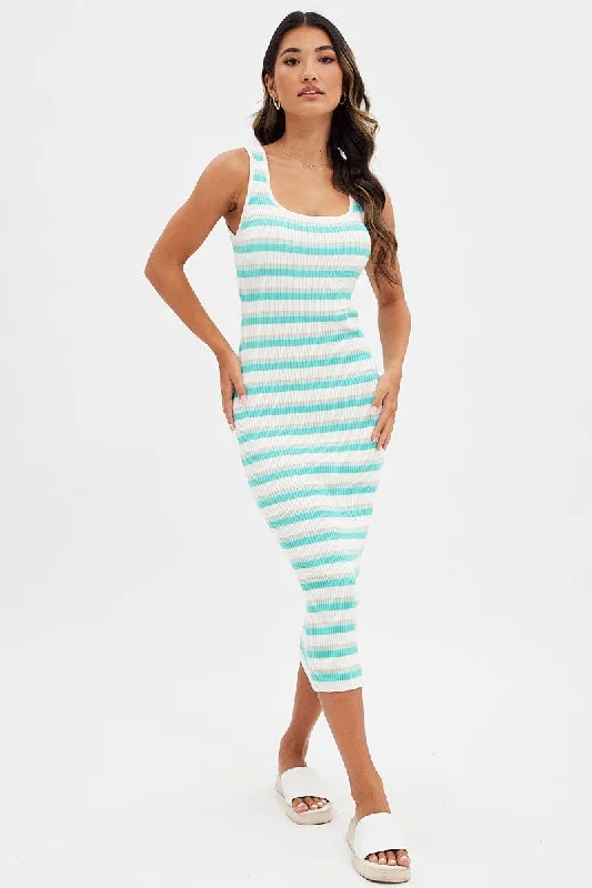 Blue Stripe Knit Dress Midi Square Neck