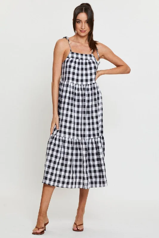 Check Midi Dress Sleeveless Tie Shoulder