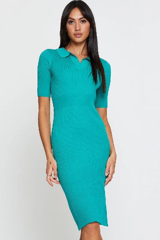 Green Dress Short Sleeve Midi Collared Knit