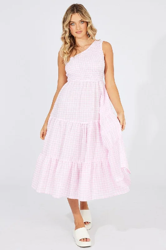 Pink Check Midi Dress One Shoulder