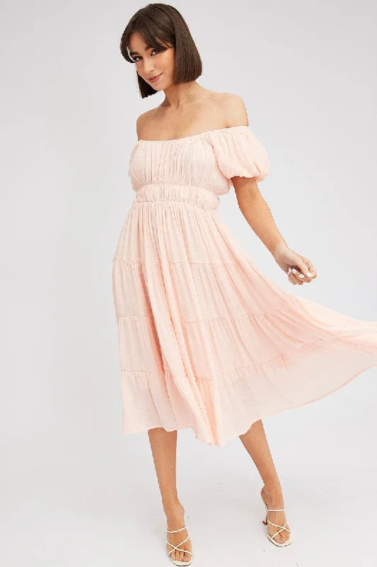 Pink Midi Dress Short Sleeve Ruched