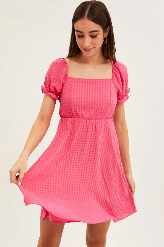 Pink Square Neck Puff Sleeve Skater Dress