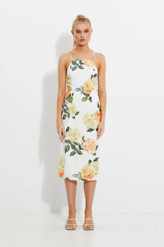 Print Designer Yellow Rose Racer Neck Slip Midi Dress