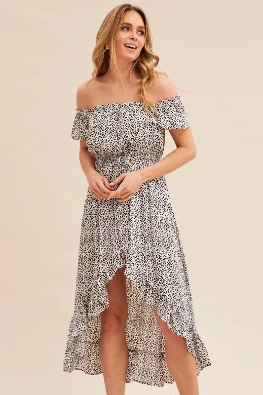 Print Midi Dress Short Sleeve Shirred Off Shoulder