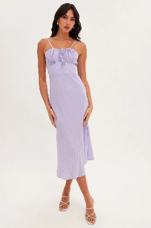 Purple Midi Dress Sleeveless Ruched Bust