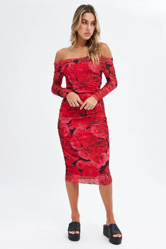 Red Floral Midi Dress Bardot Off Shoulder Bodycon Ruched