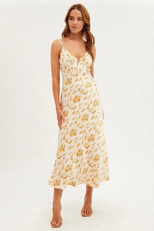 White Floral Midi Dress Sleeveless V-Neck Satin