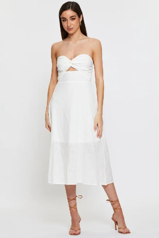 White Twist Front Bardot Midi Dress